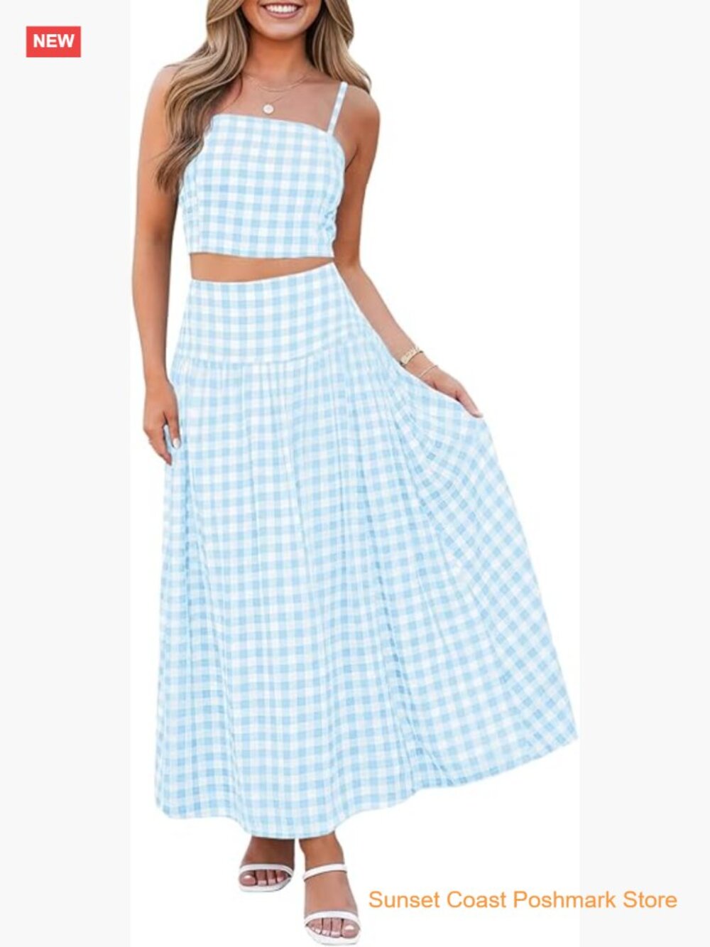 2 Piece Skirt Set Gingham Crop Tank Top Midi Dress Travel Vacation Matching Set